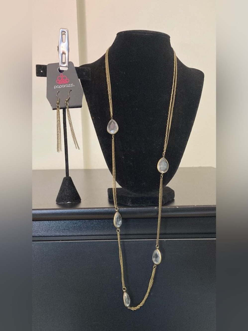 paparazzi Gold Long Layered Necklace with Clear Teardrop Stones